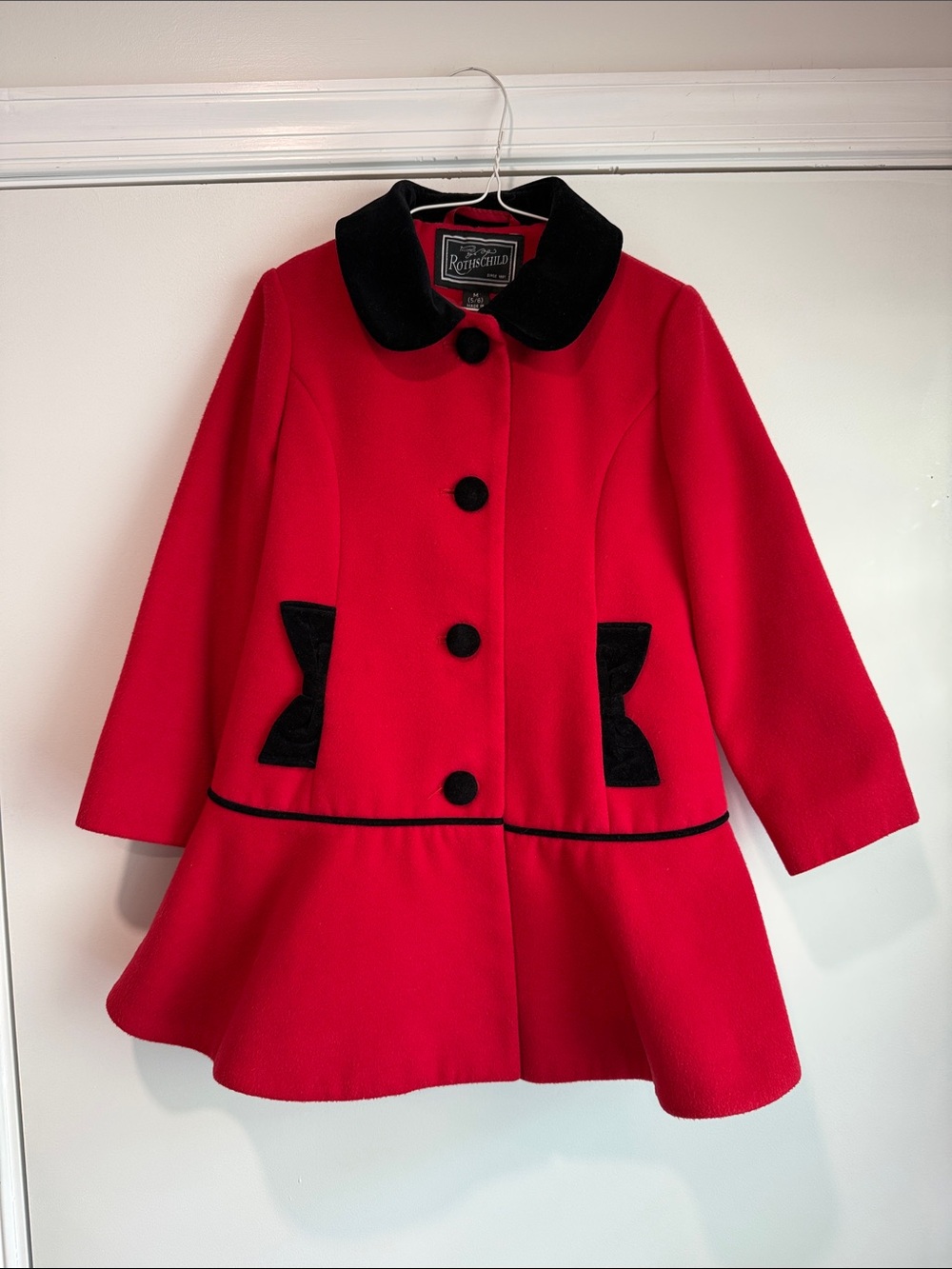 Rothschild Girls Red Wool Pea Coat with Black Trim